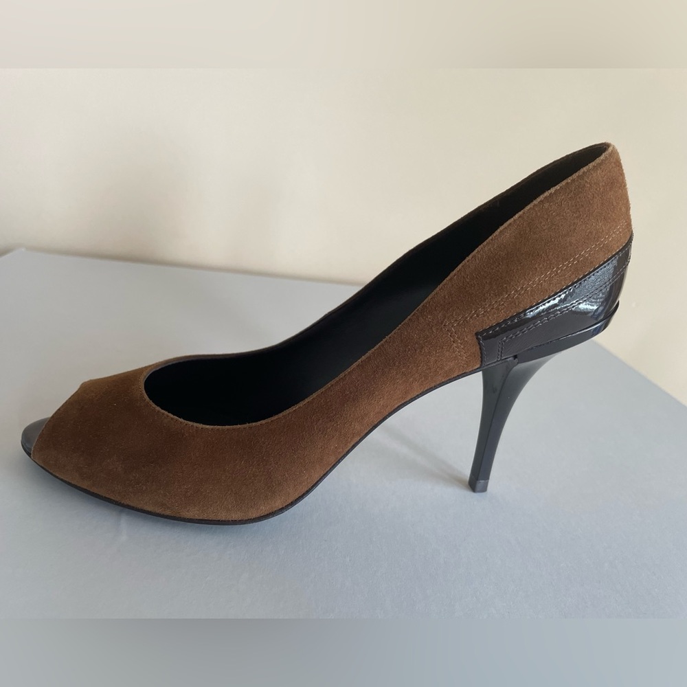 Suede peep toe pumps. Elie Tahari